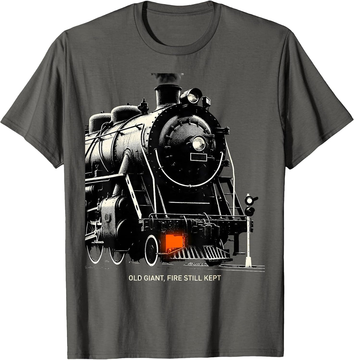 Men's Old Giant Fire Still Kept Vintage Steam Locomotive Train T-Shirt - Asphalt Grey
