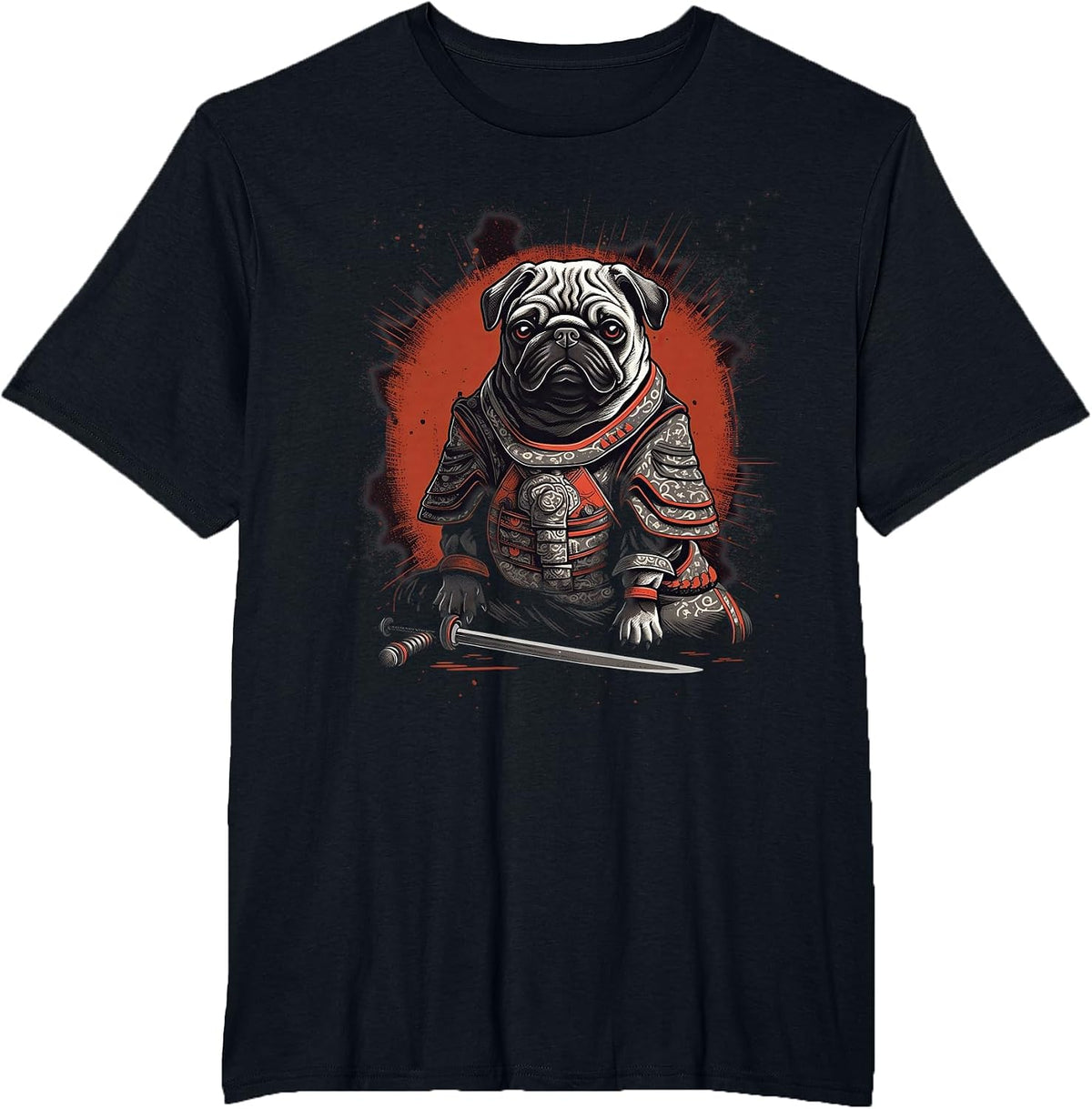 Vintage Japanese Samurai Pug Dog T-Shirt - Black