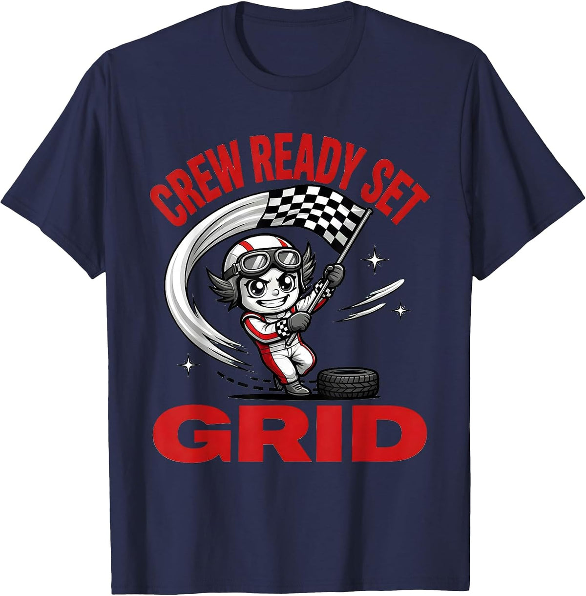 Men's CREW READY SET GRID Cartoon Drag Racer Race Day T-Shirt - Navy Blue