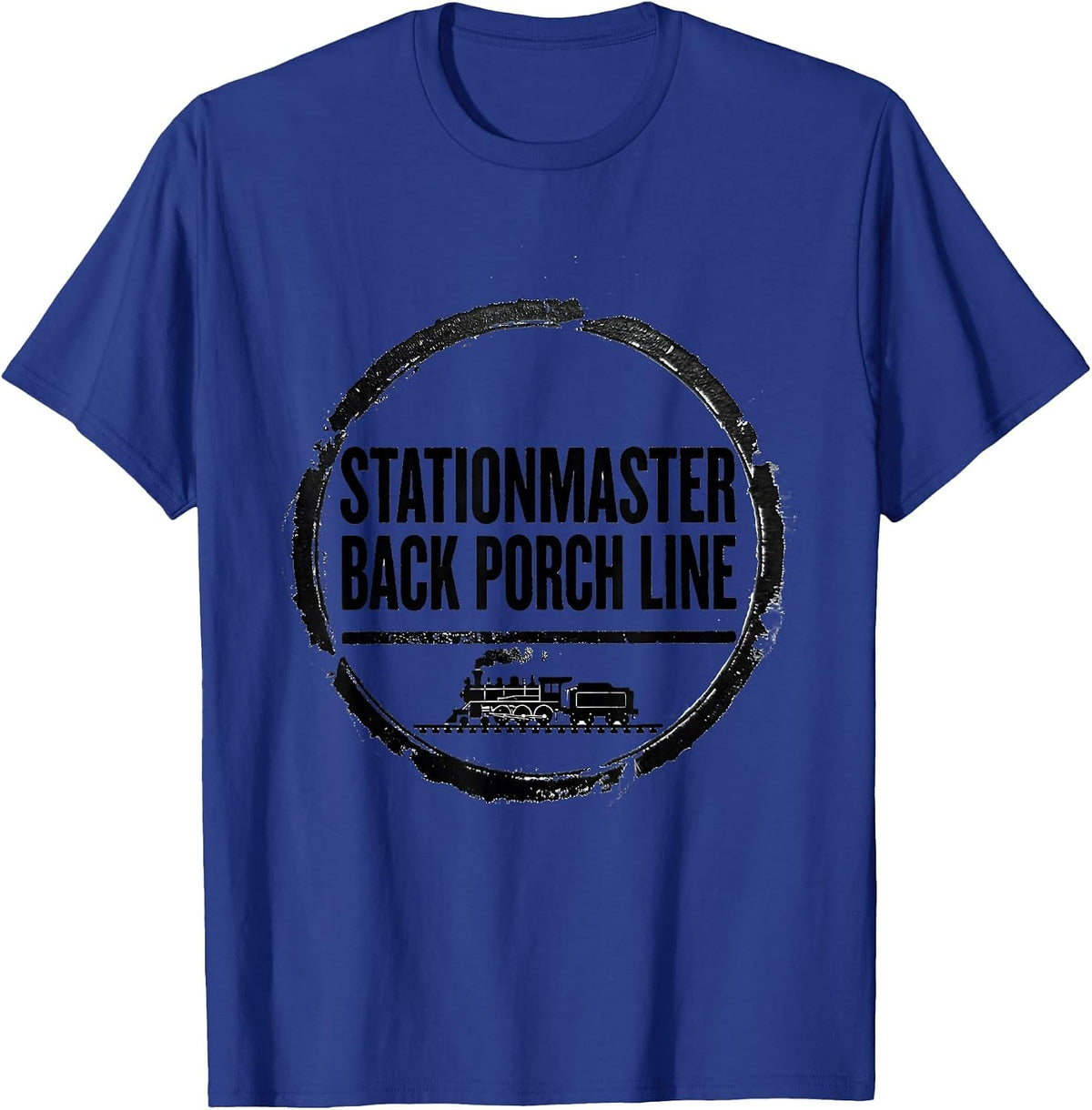 Men's Stationmaster Back Porch Line Vintage Steam Train Enthusiast T-Shirt - Royal Blue