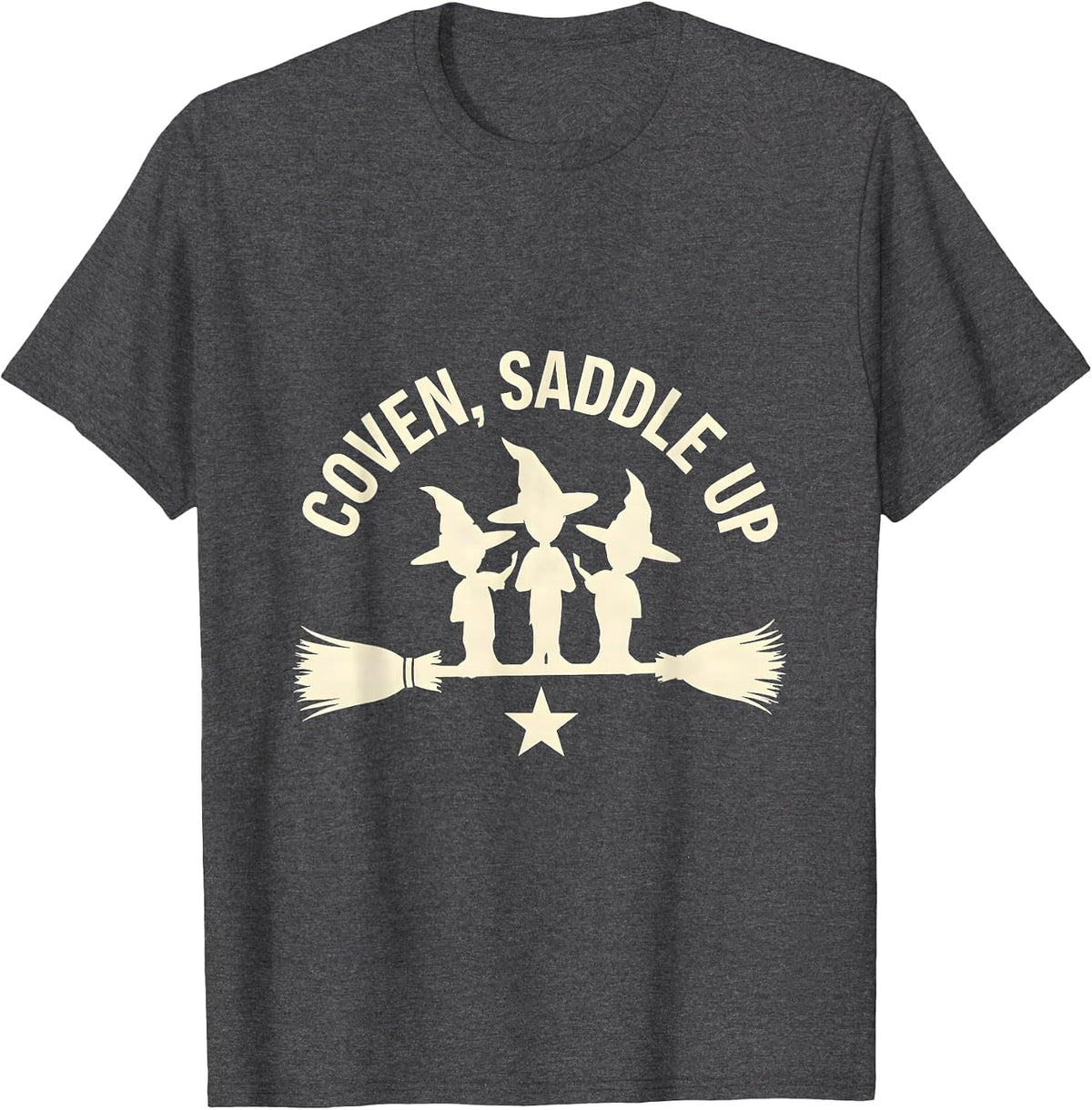 Coven Saddle Up Funny Halloween Witch Novelty T-Shirt - Dark Heather Grey