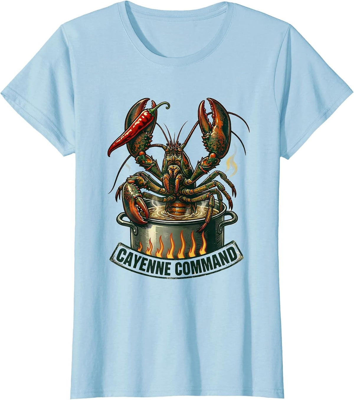 Cayenne Command Vintage Crawfish Mardi Gras Carnival Humor T-Shirt - Baby Blue
