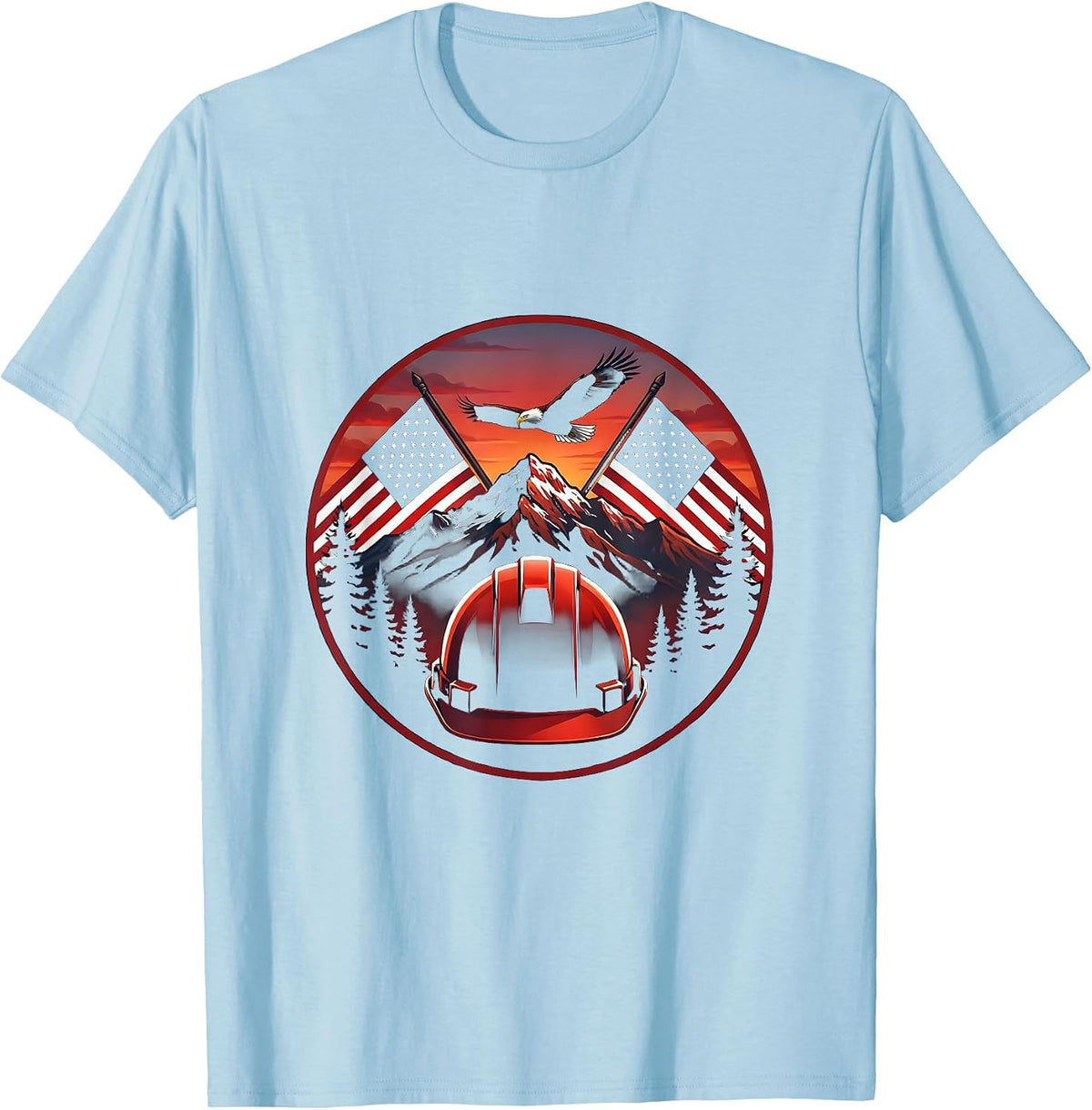 Men's Hard Hat Crossed American Flags Patriotic Design T-Shirt - Baby Blue