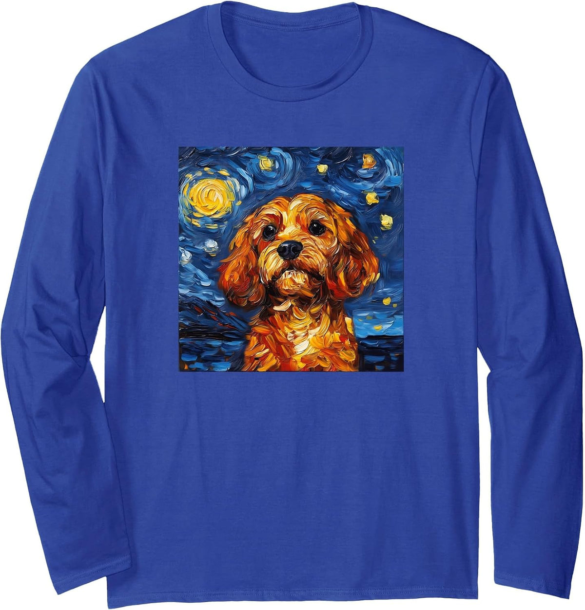 Cute Cavapoo Starry Night Dog Art Long Sleeve T-Shirt - Adult Unisex Royal Blue