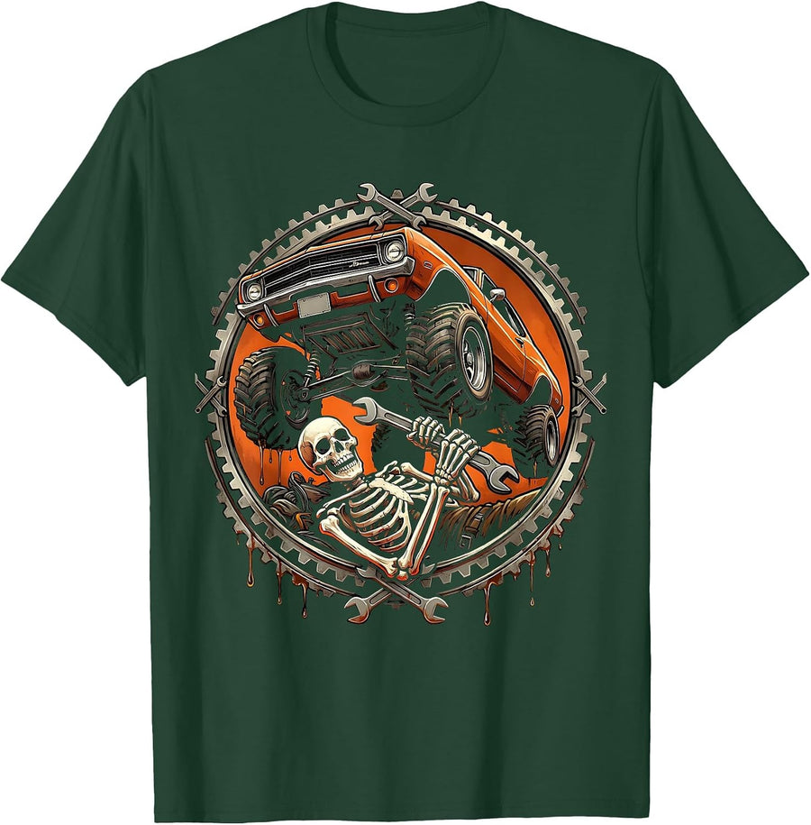 Men's Skeleton Mechanic Under Muscle Car Graphic T-Shirt - Dark Green