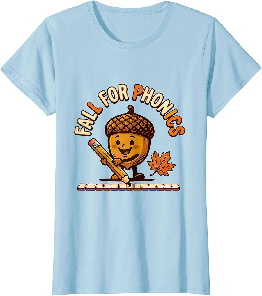Women's Fall For Phonics Retro Teacher Fall Classroom Wear T-Shirt - Baby Blue