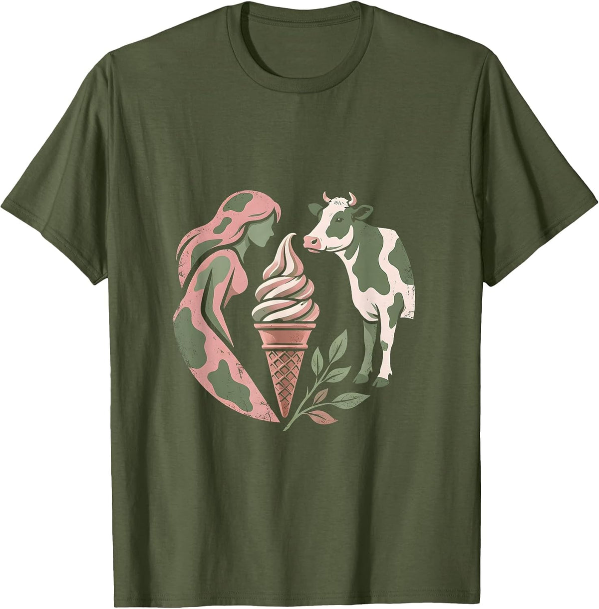 Cow Print Woman and Cow Sharing Ice Cream T-Shirt - Olive Green