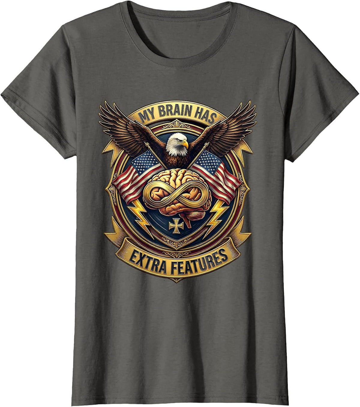 Women's My Brain Has Extra Features Neurodiversity Design T-Shirt - Asphalt Grey