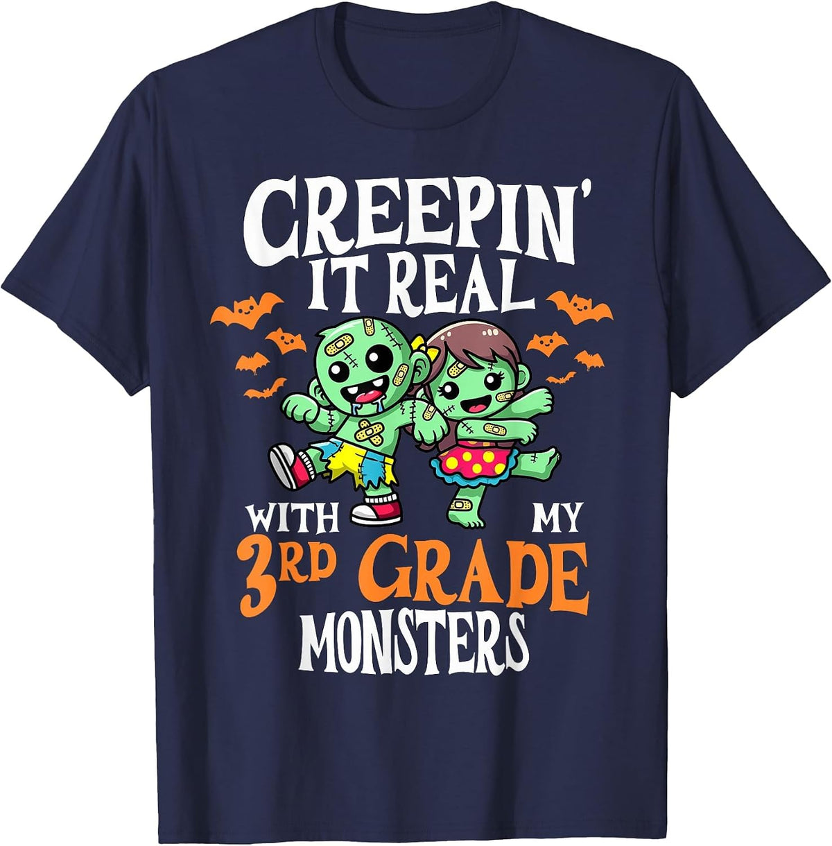 Creepin It Real Monster School 3rd Grade Teacher Halloween T-Shirt - Navy Blue