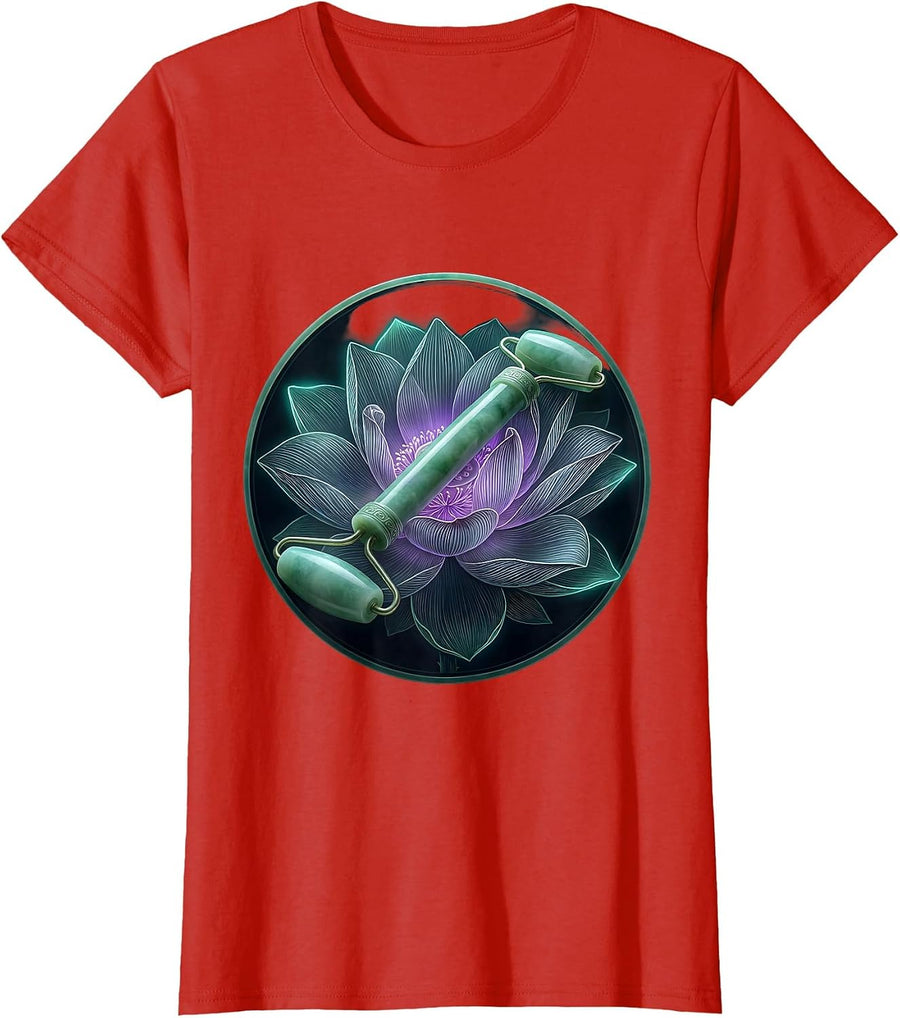 Women's K-Beauty Jade Roller Lotus Flower Skincare Art T-Shirt - Red