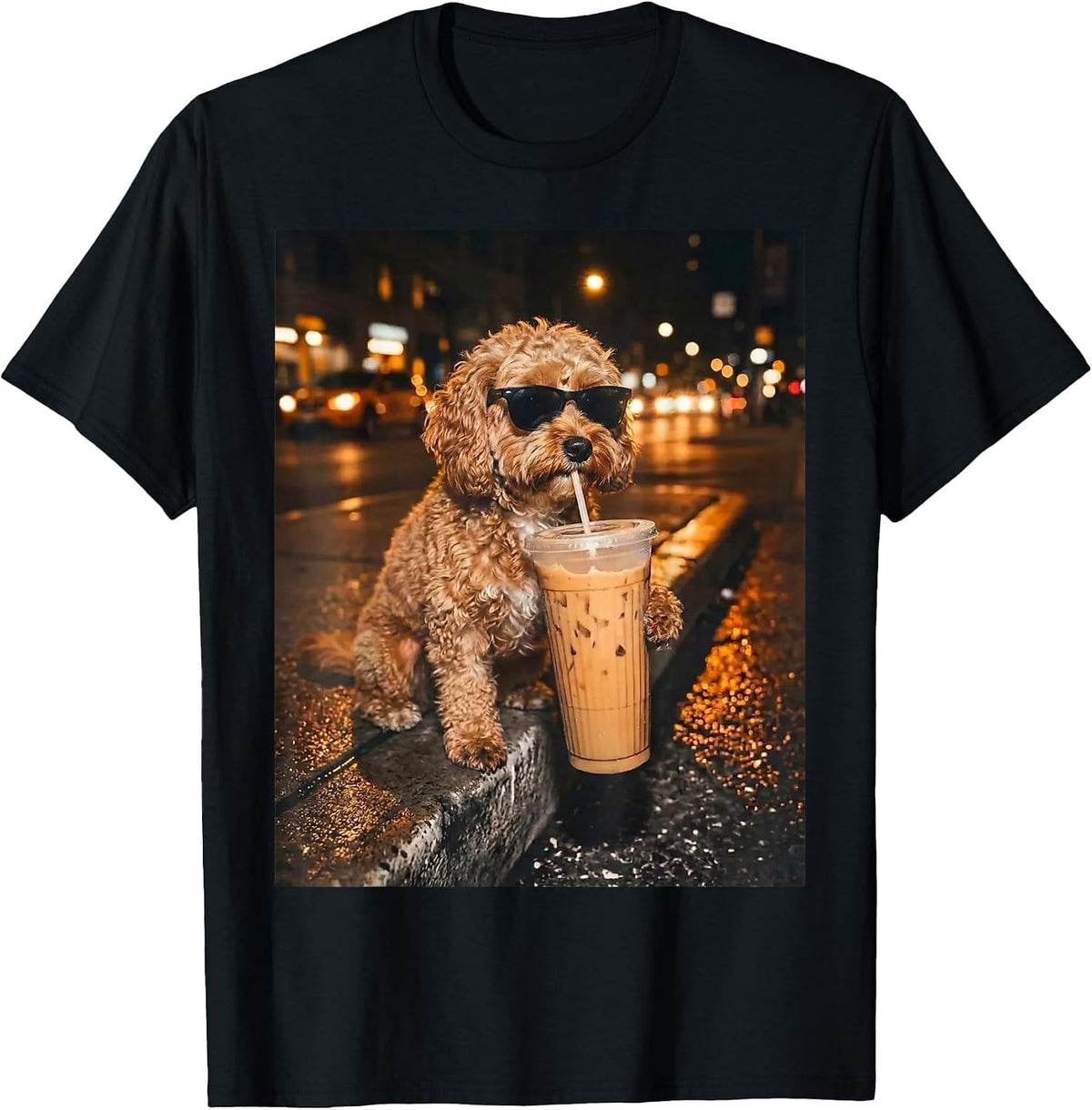 Cavapoo Drinking Iced Coffee Funny Dog Lover Animal Meme T-Shirt - Black