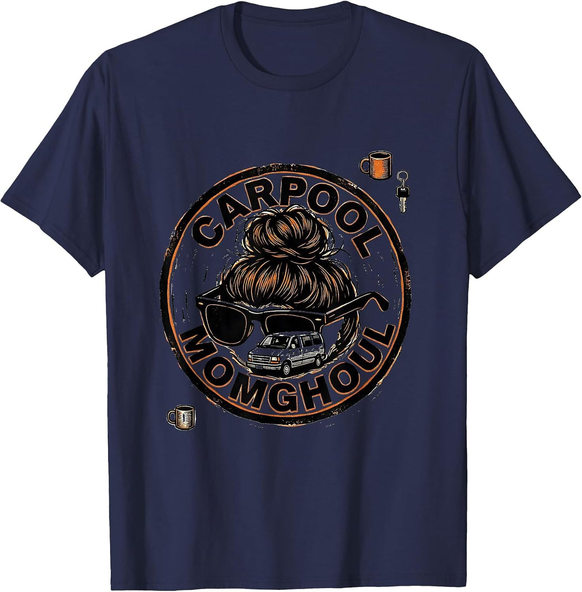 Men's Carpool Momghoul Linocut Funny Halloween Messy Bun Momster T-Shirt - Navy Blue