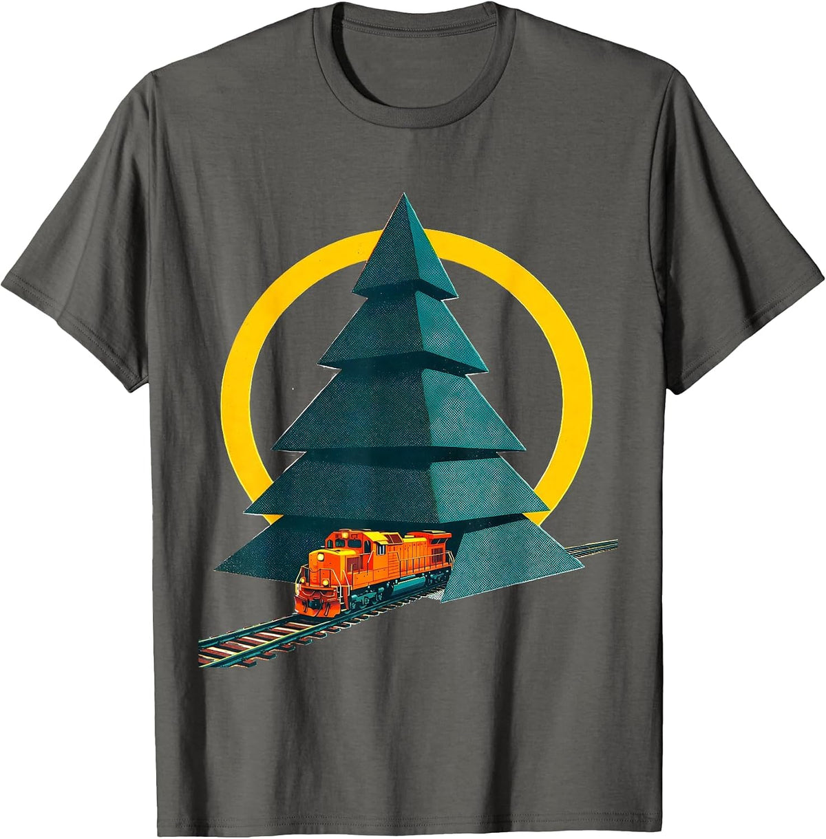 Men's Stepped Conifer Train Track Vintage Holiday Train Enthusiast T-Shirt - Asphalt Grey