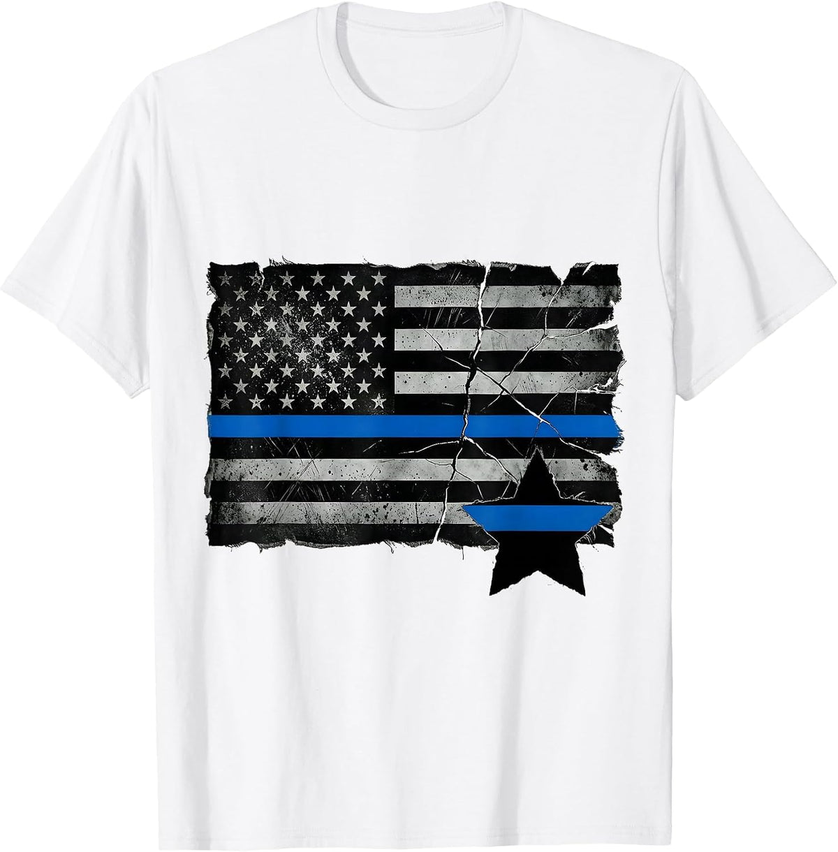 Men's Distressed Thin Blue Line American Flag Police Support T-Shirt - White