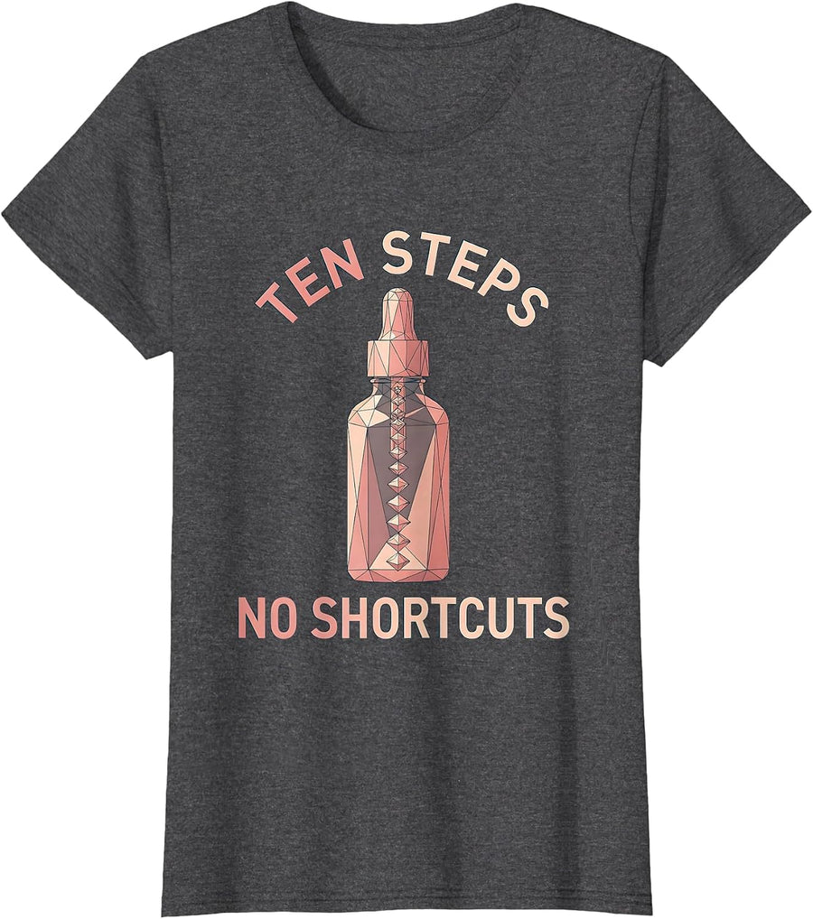 Women's K-Beauty Ten Steps No Shortcuts Skincare Design T-Shirt - Dark Heather Grey
