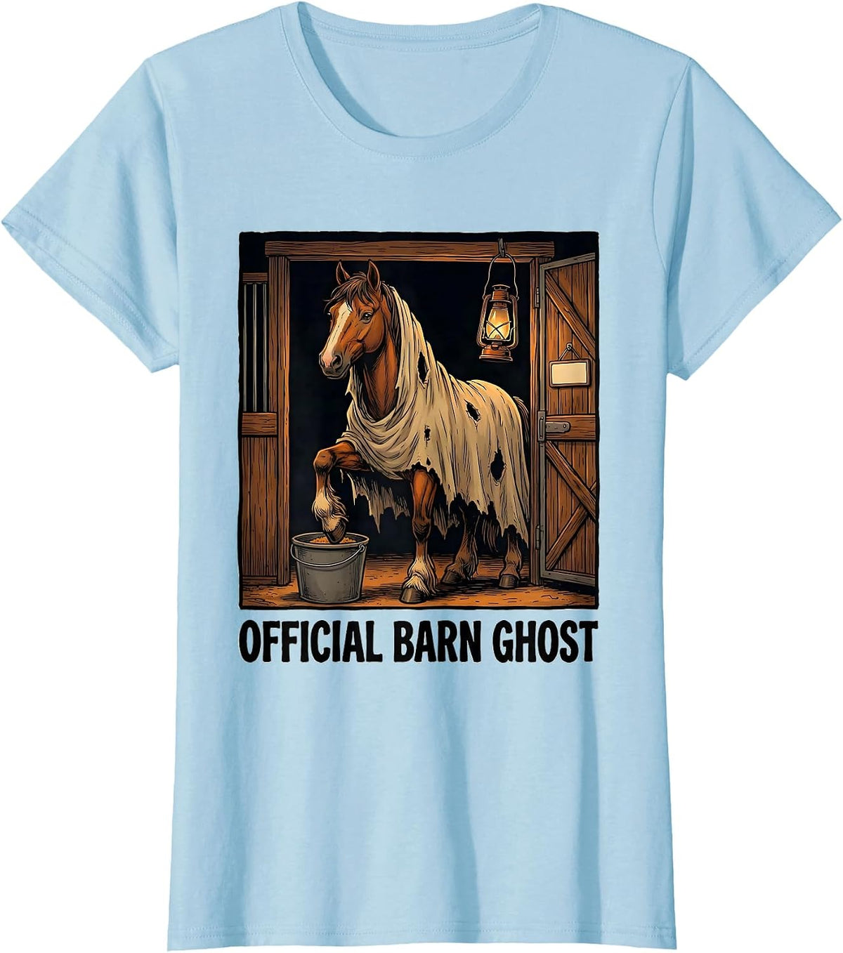 Official Barn Ghost Flat Cartoon Halloween Horse Lover Humor T-Shirt - Baby Blue