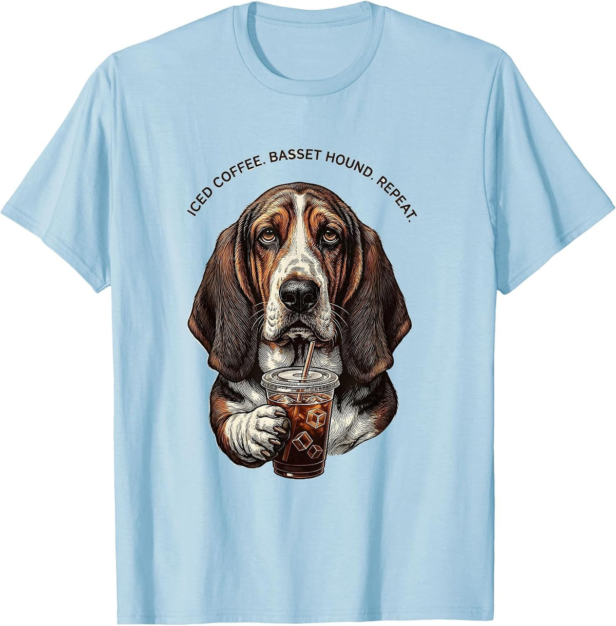 Men's Iced Coffee Basset Hound Repeat Funny Dog Lover Humor T-Shirt - Baby Blue