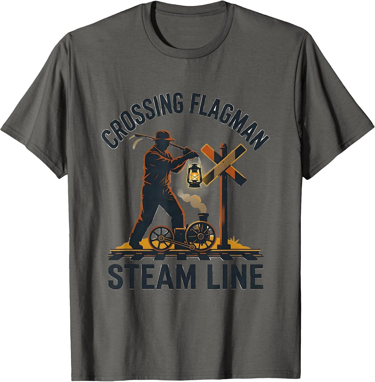 Crossing Flagman Steam Line Vintage Steam Locomotive Train T-Shirt - Asphalt Grey