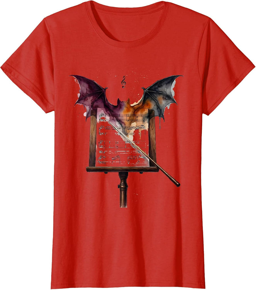 Women's Music Stand Ghost Musician Watercolor Halloween Novelty T-Shirt - Red