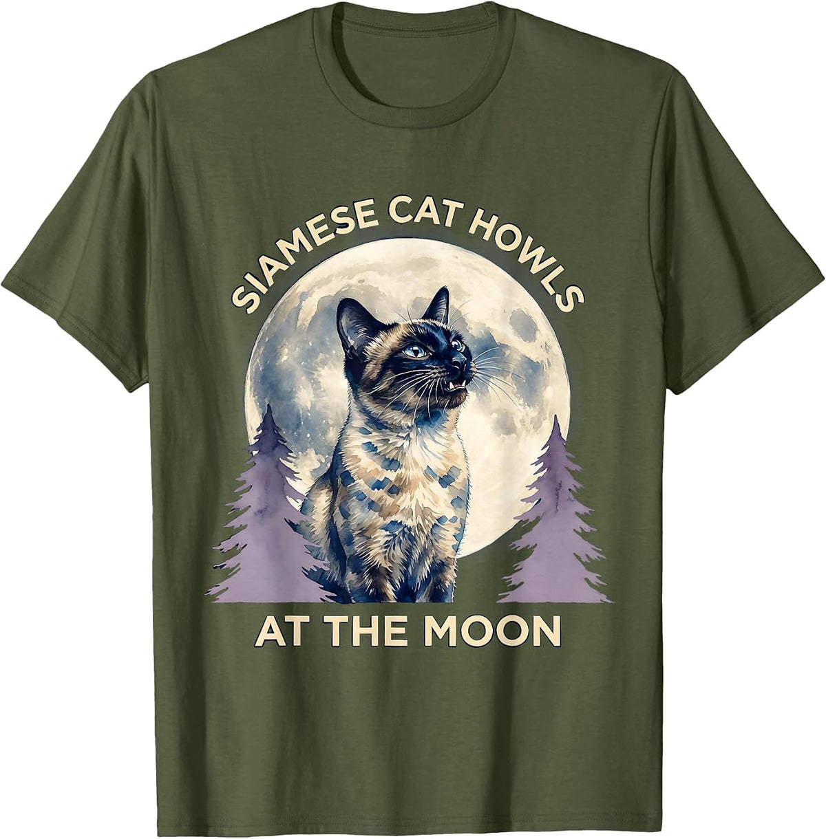 Men's Siamese Cat Howls at the Moon Funny Retro Novelty T-Shirt - Olive Green