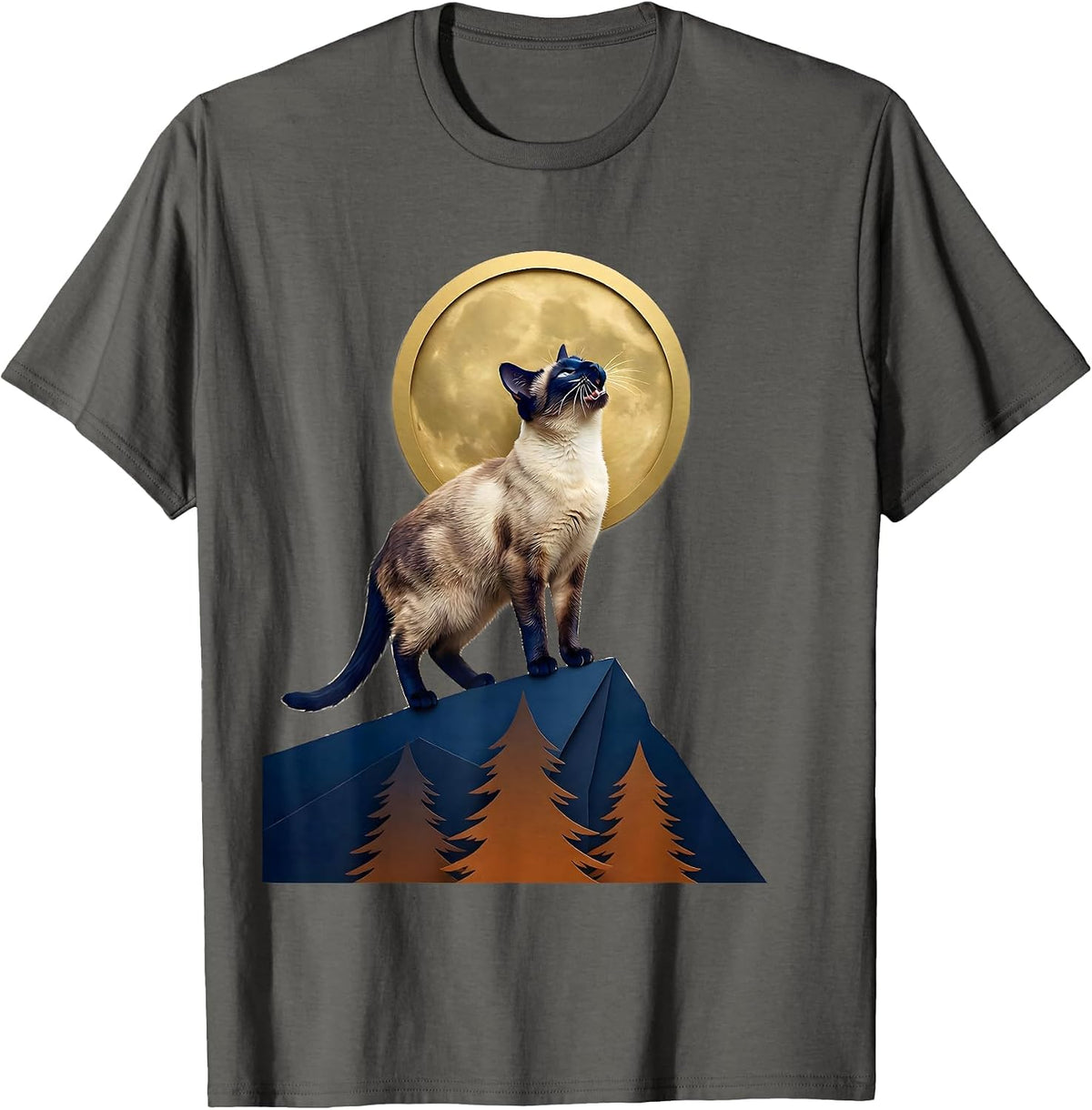 Siamese Cat Howling at Moon Retro Fantasy T-Shirt - Asphalt Grey