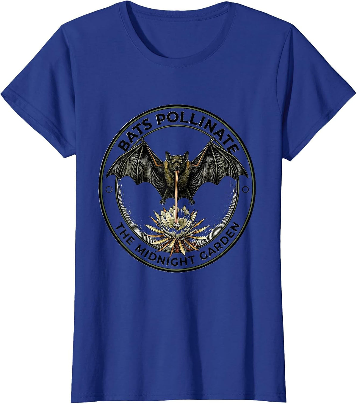 Women's Bats Pollinate The Midnight Garden Vintage Bat Lover T-Shirt - Royal Blue