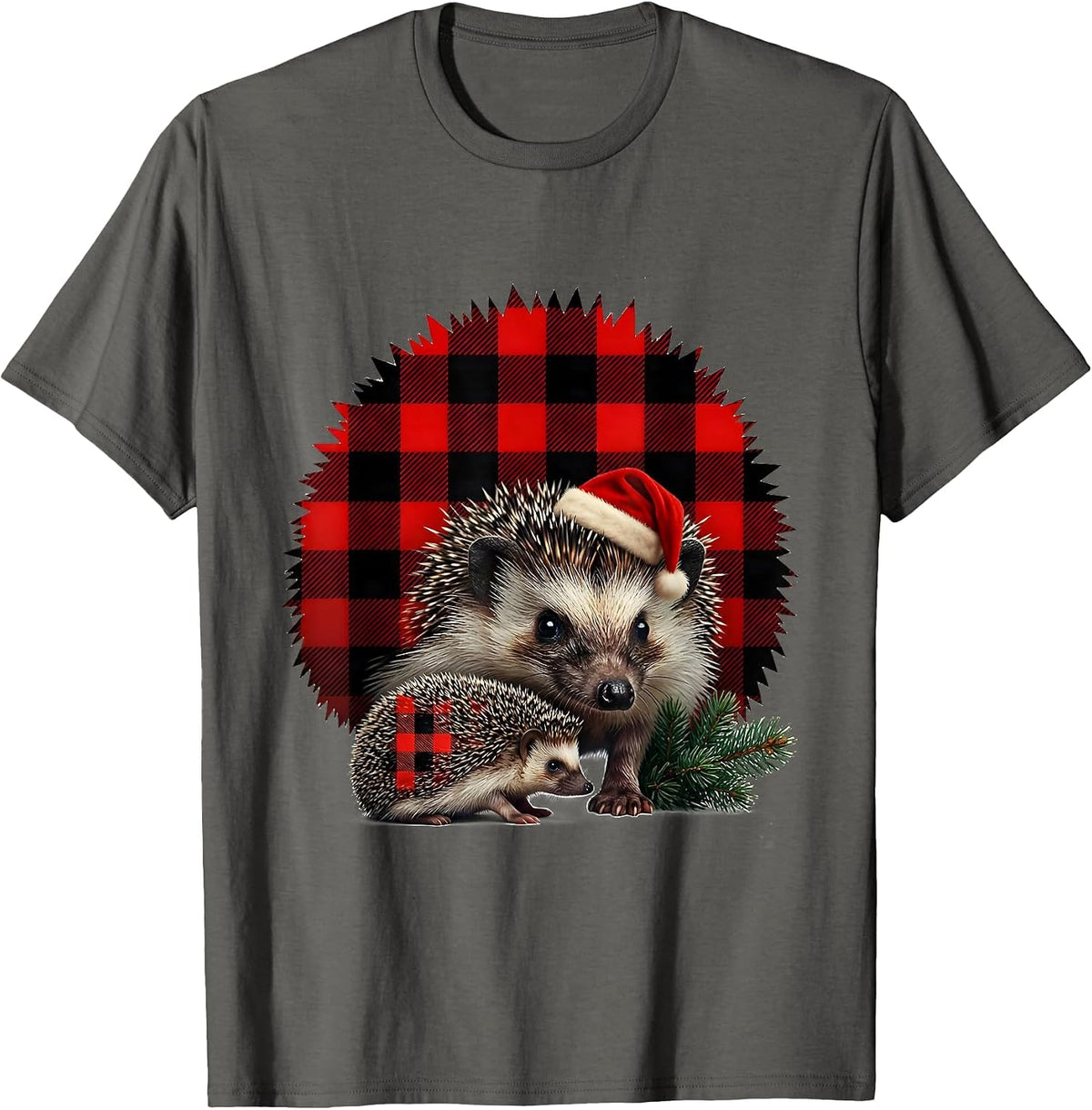 Buffalo Check Hedgehog Family Christmas Pajamas Gift T-Shirt - Asphalt Grey