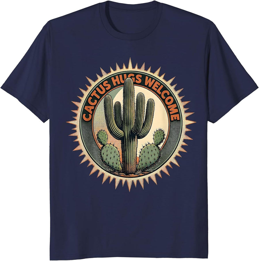 Cactus Hugs Welcome Mexico Desert Design T-Shirt - Navy Blue