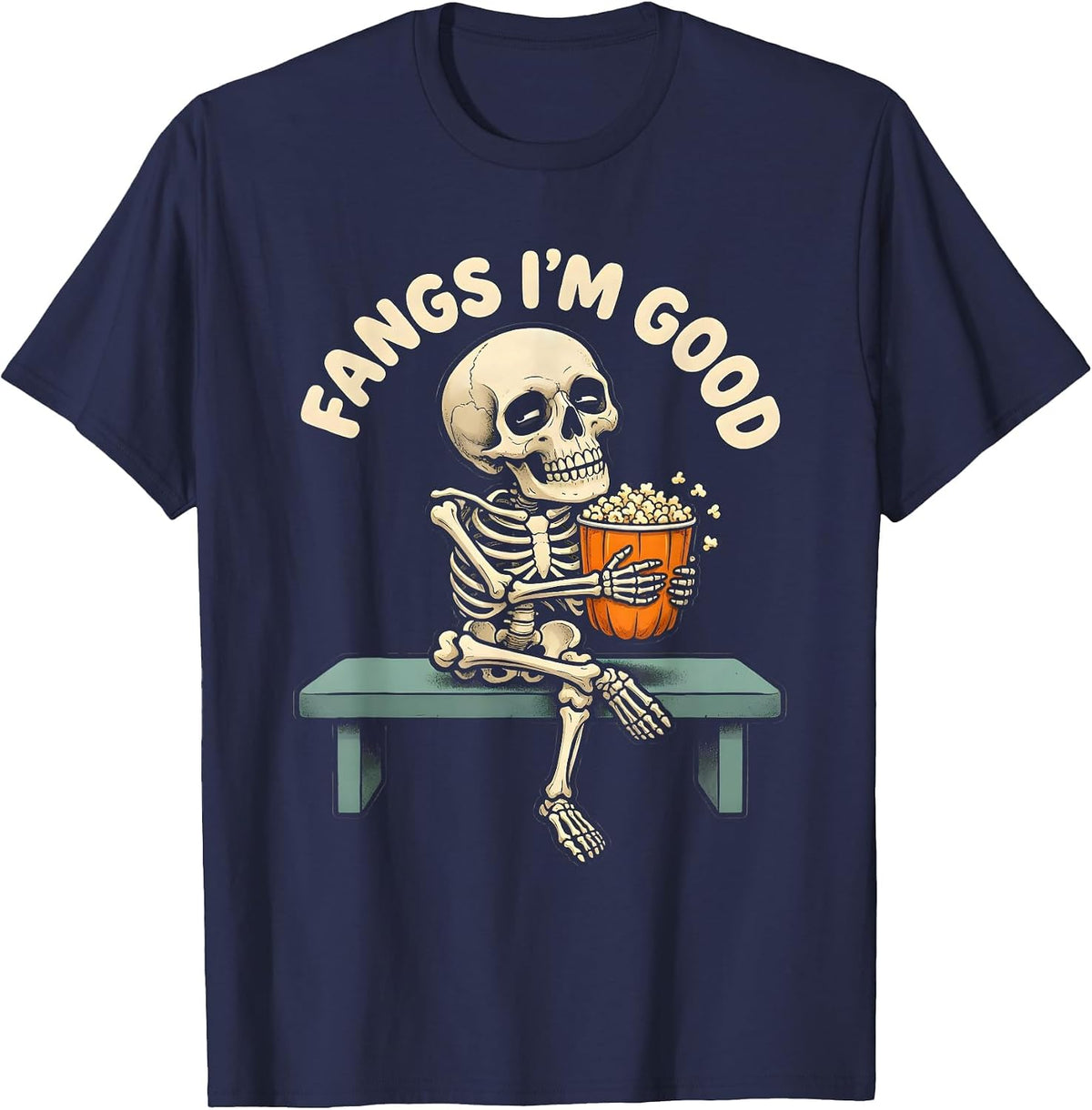 Men's FANGS I'M GOOD Funny Halloween Skull Dry Humor T-Shirt - Navy Blue