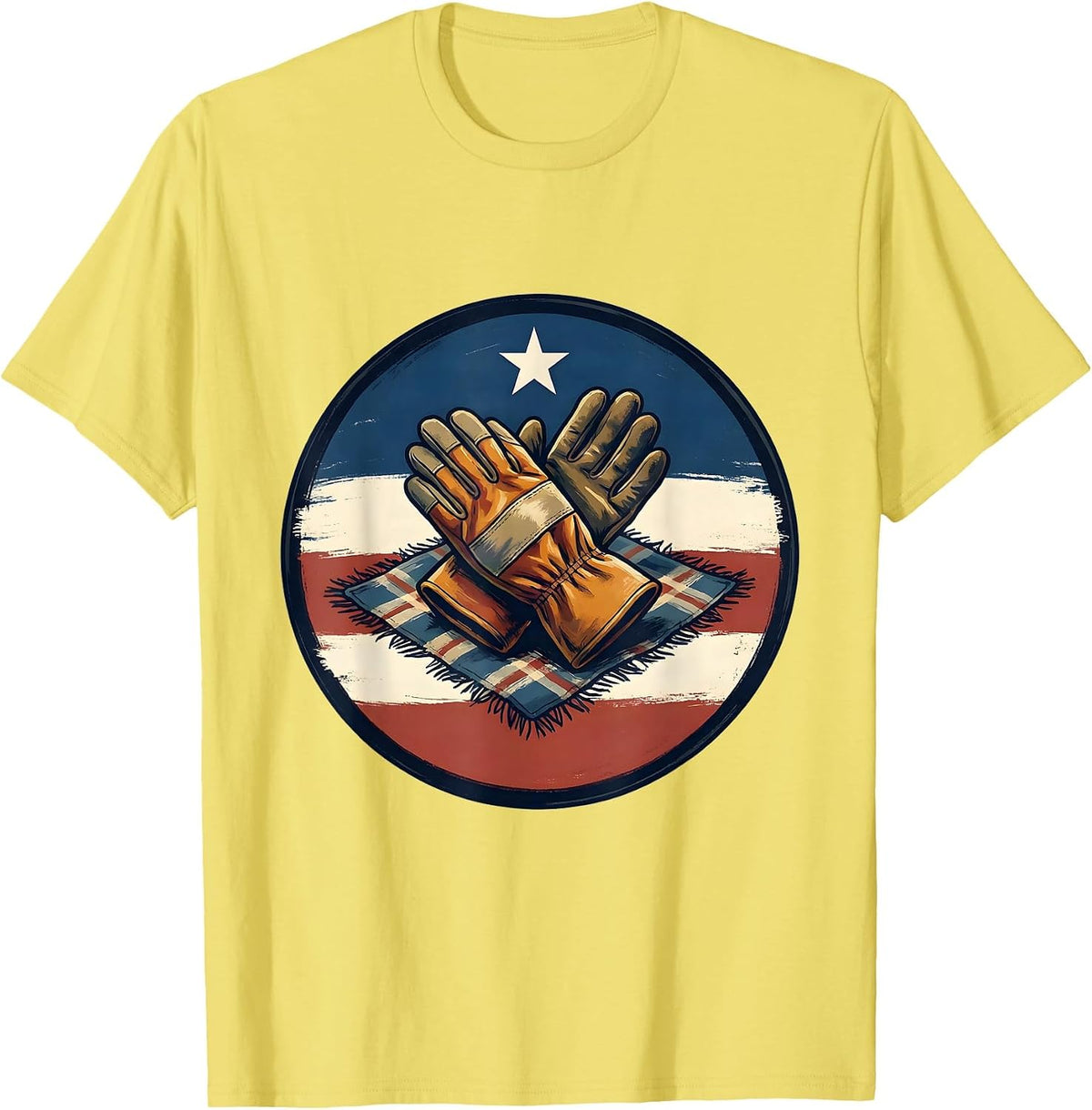 Men's Labor Day Patriotic Crossed Gloves Badge T-Shirt - Lemon Yellow