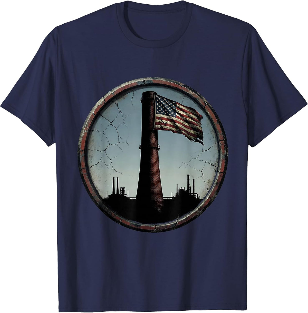 American Flag Smokestack Patriotic Graphic Design T-Shirt - Navy Blue