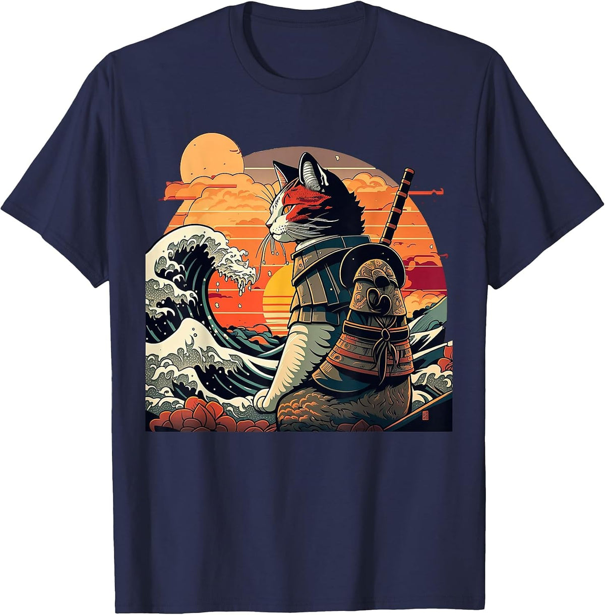 Japanese Retro Samurai cat The Great Wave by Hokusai T-Shirt - Navy Blue