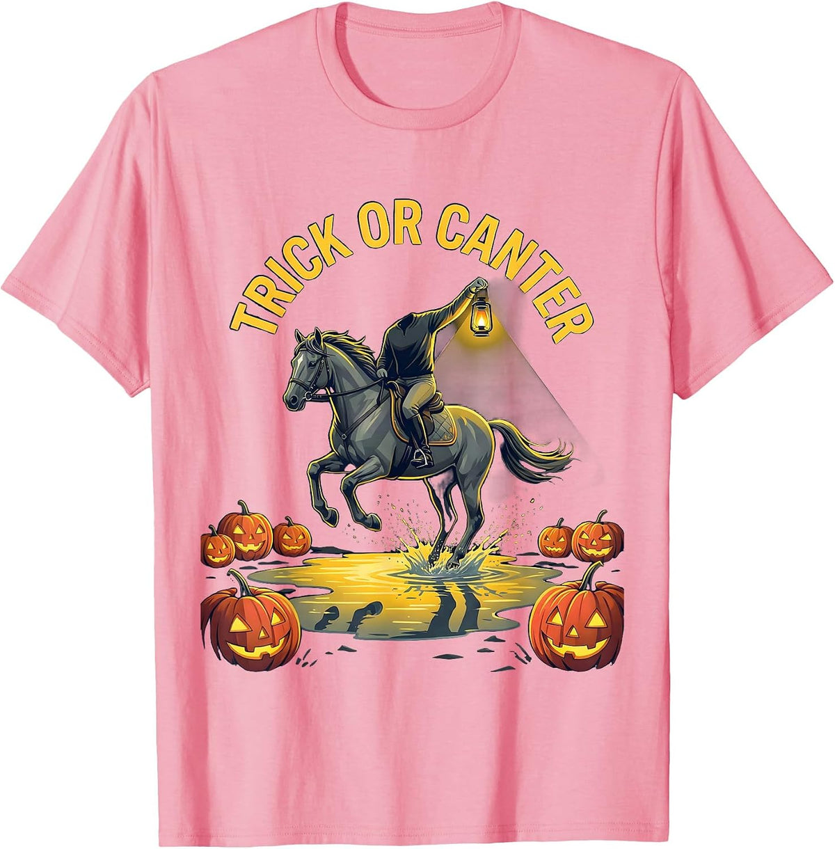 Trick Or Canter Flat Vector Gothic Halloween Horse Lover T-Shirt - Pink