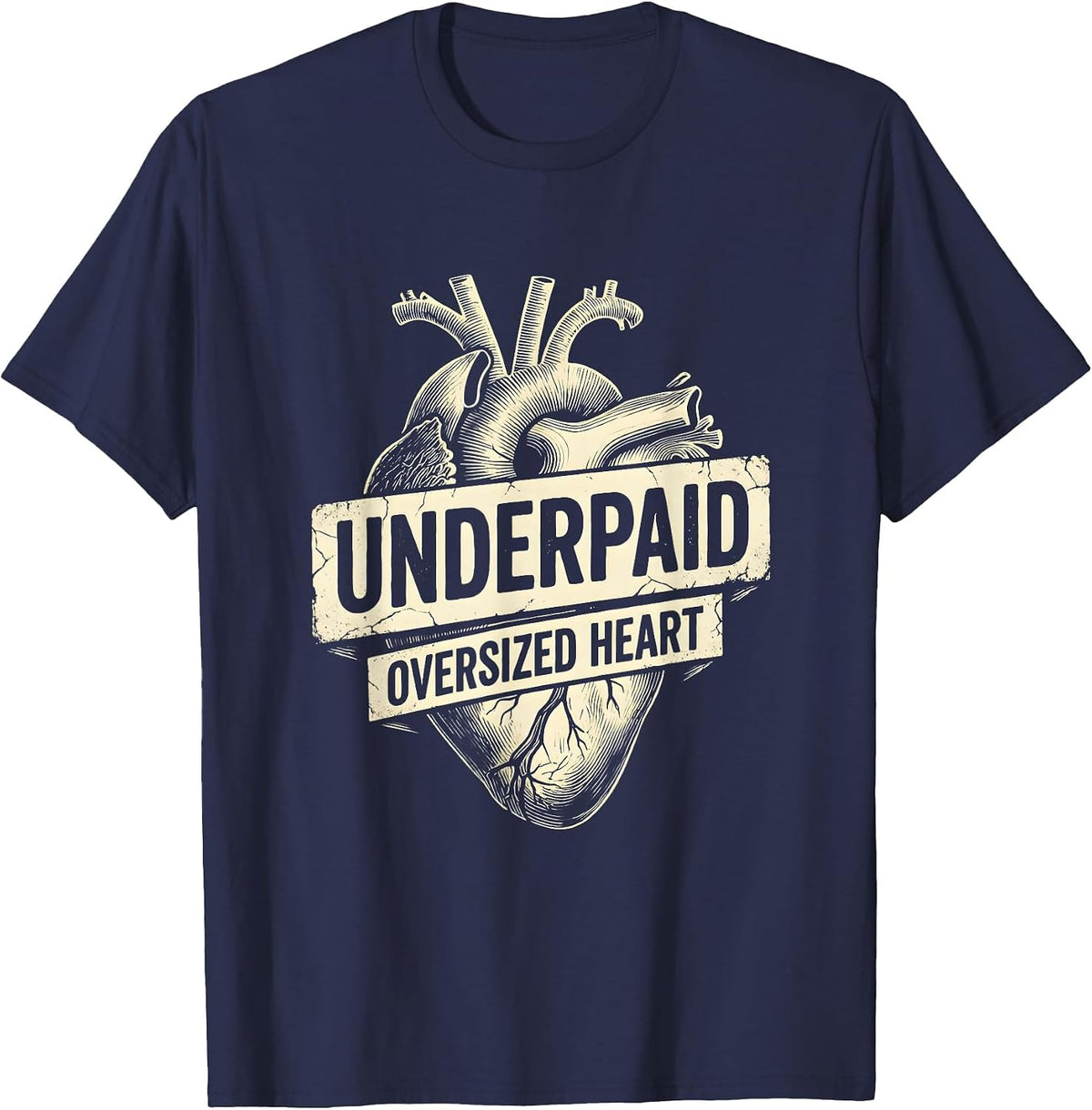 Underpaid Oversized Heart Teacher Women Design T-Shirt - Navy Blue