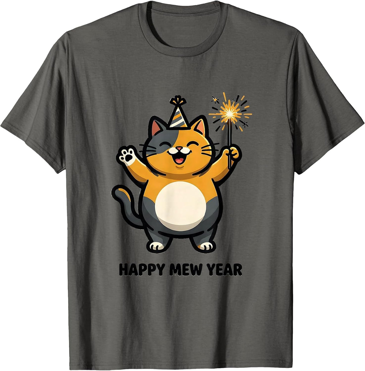 Happy Mew Year Funny Cat Lover Cartoon New Year Humor T-Shirt - Asphalt Grey