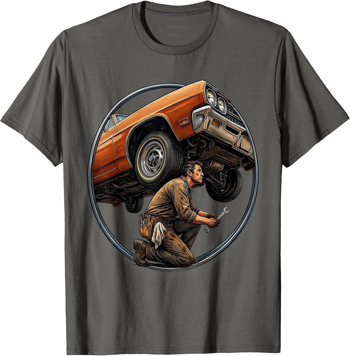 Mechanic Crouching Under Classic Car Illustration T-Shirt - Asphalt Grey