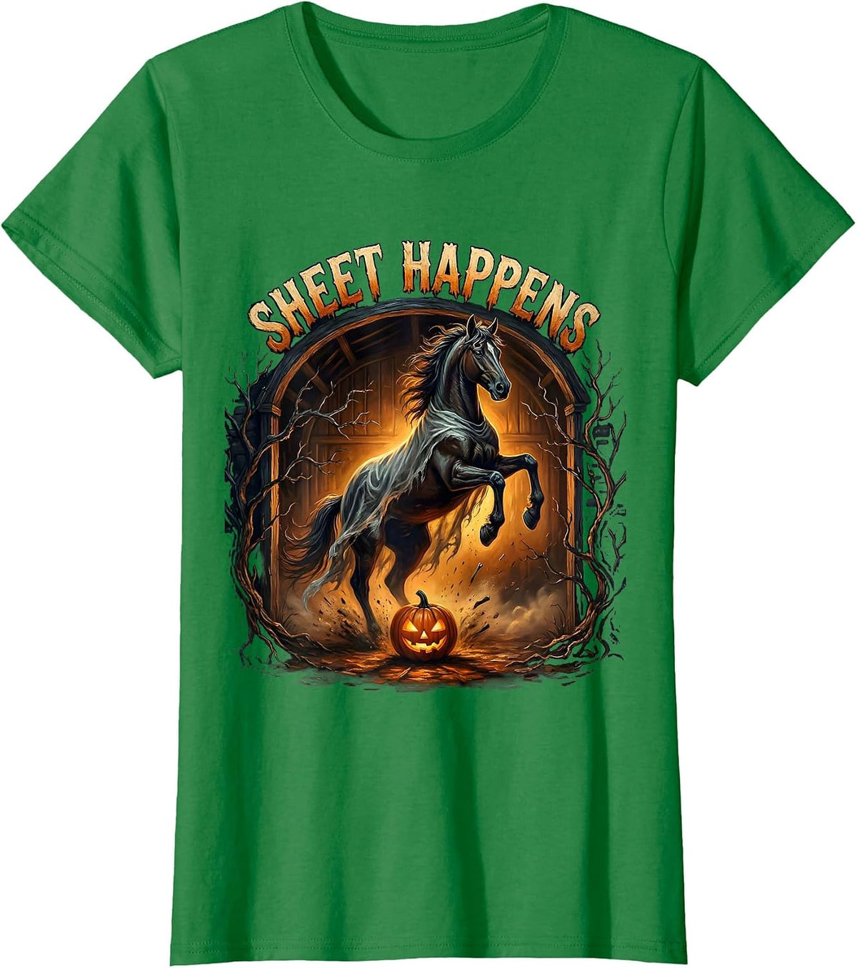 Women's Sheet Happens Gothic Horror Halloween Horse Lover Equestrian T-Shirt - Kelly Green