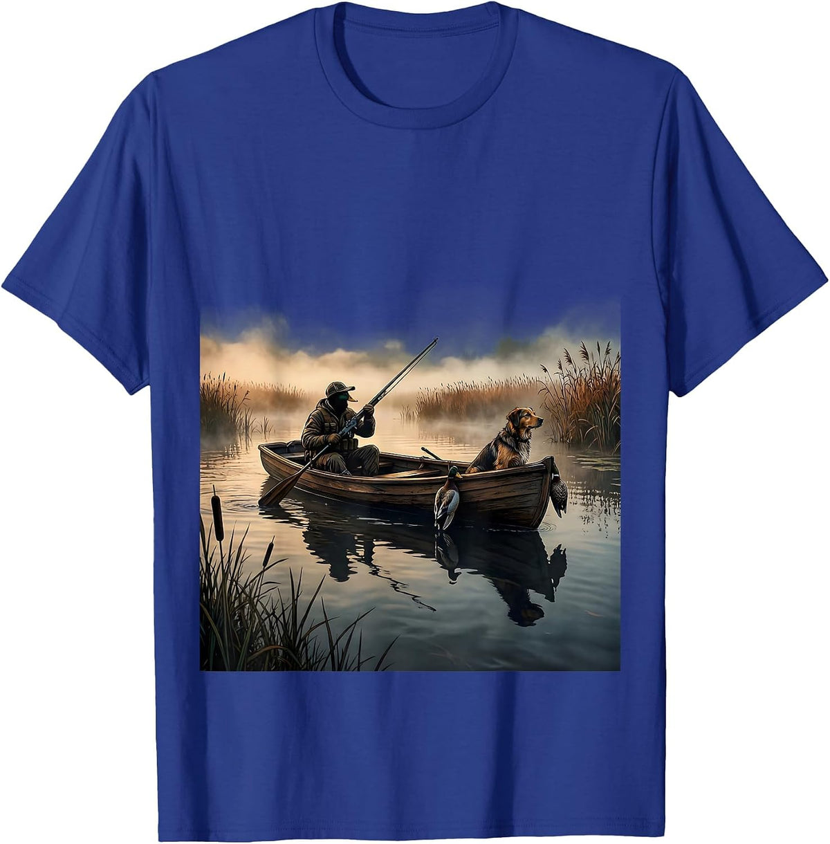 Duck Hunter Rowing Through Morning Fog Illustration T-Shirt - Royal Blue
