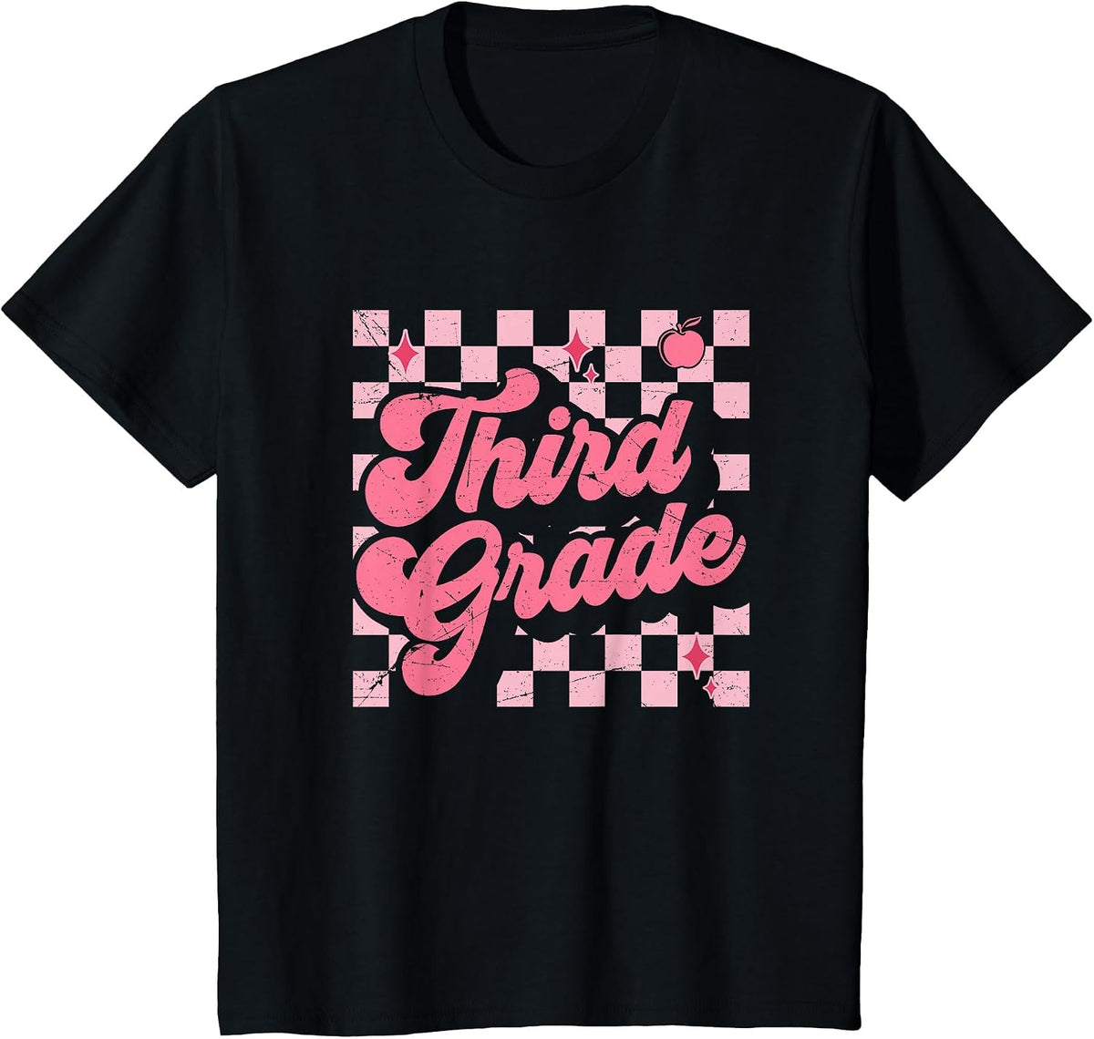 Third Grade Pink Checkered Retro 3rd Grade Teacher Kids Girl T-Shirt - Black
