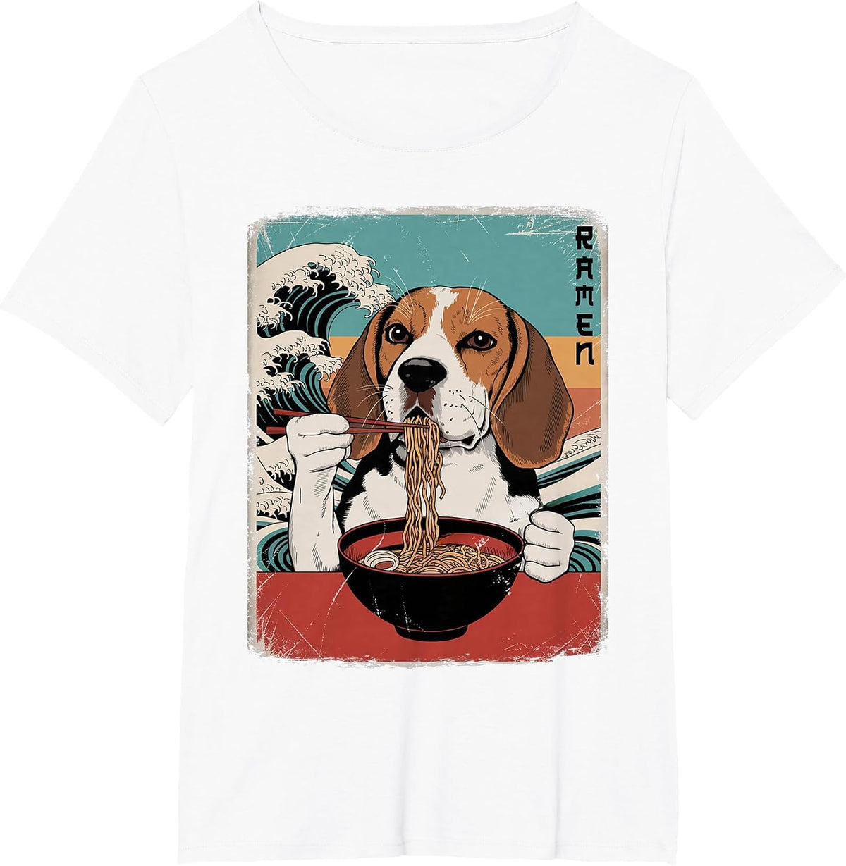 Beagle Eat Ramen Noodles Japanese Art Retro Ocean Waves T-Shirt - White