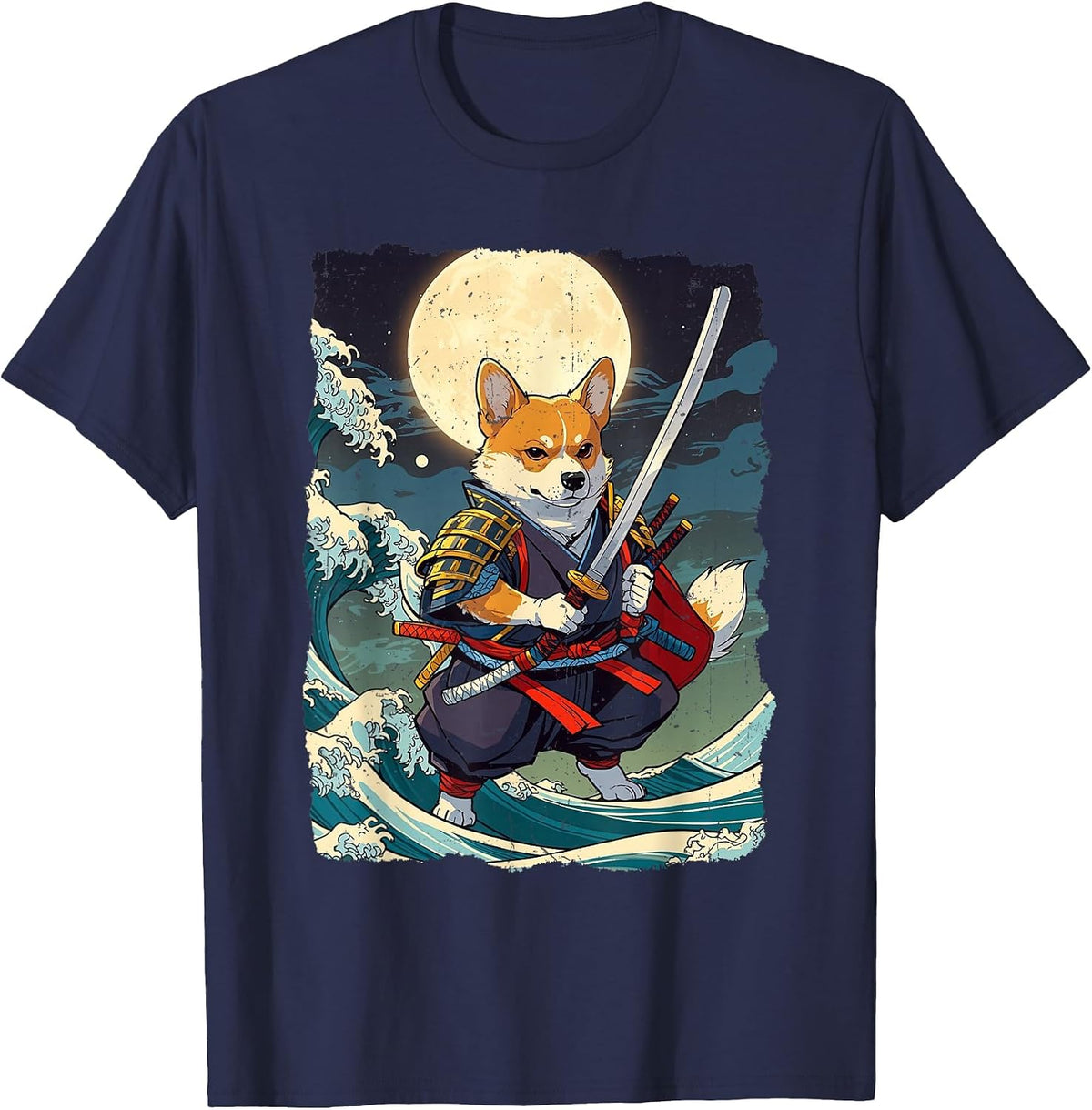 Samurai Corgi Dog Japanese Retro Corgi Ukiyo-e Warrior T-Shirt - Navy Blue