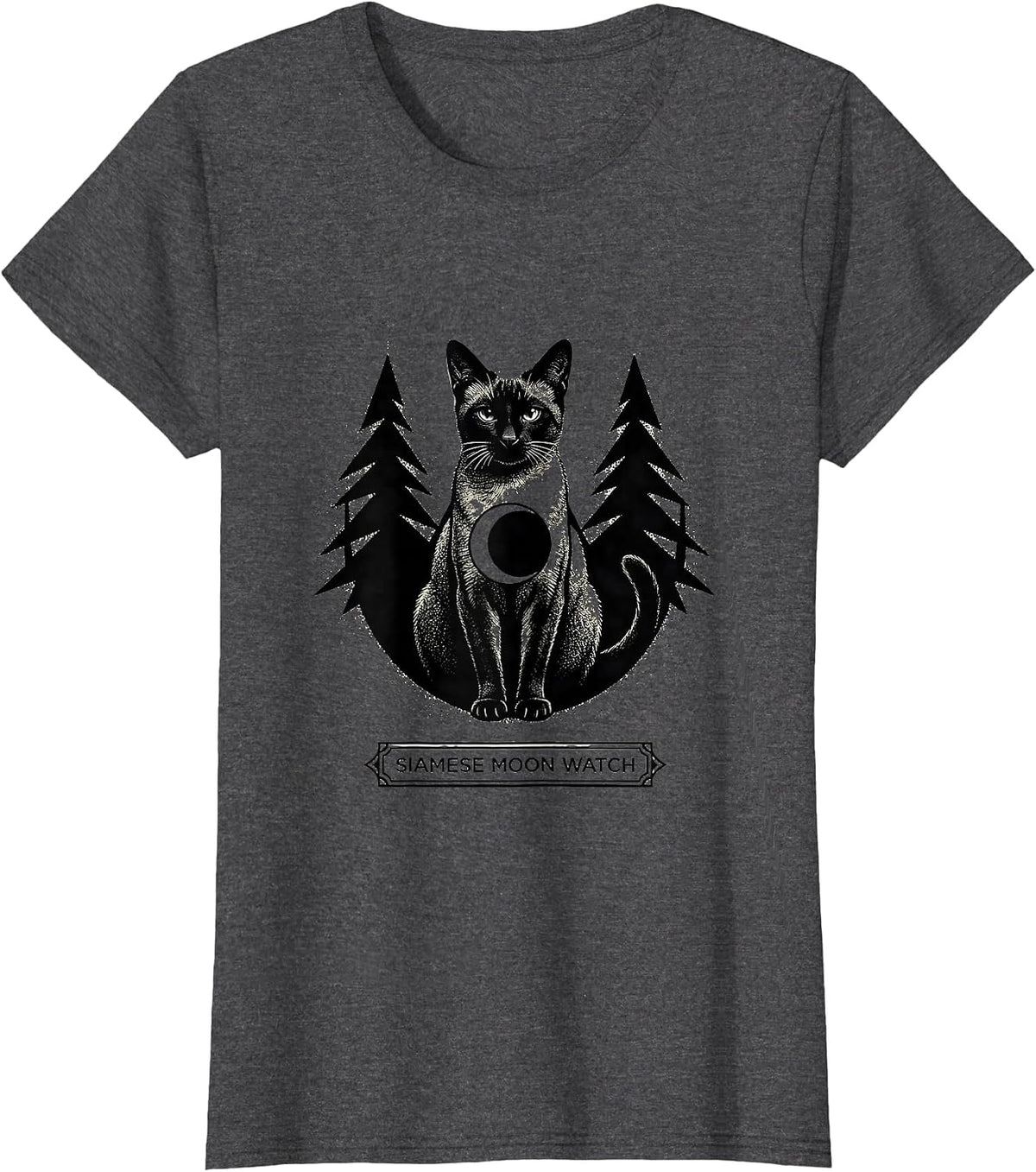 Women's Siamese Moon Watch Blackwork Dotwork 90s Retro Cat Lover T-Shirt - Dark Heather Grey