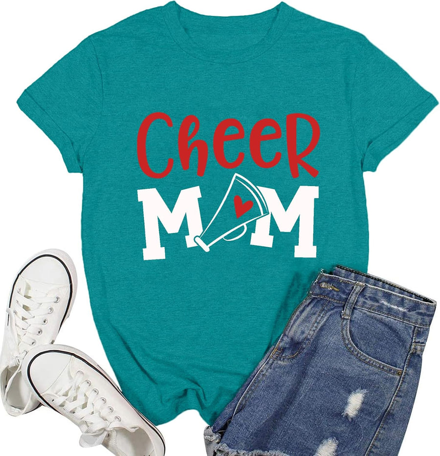Cheer Mom Shirt for Women Sports Mama Life T-Shirt Game Day Mom Cheerleader Tee Tops - Cyan