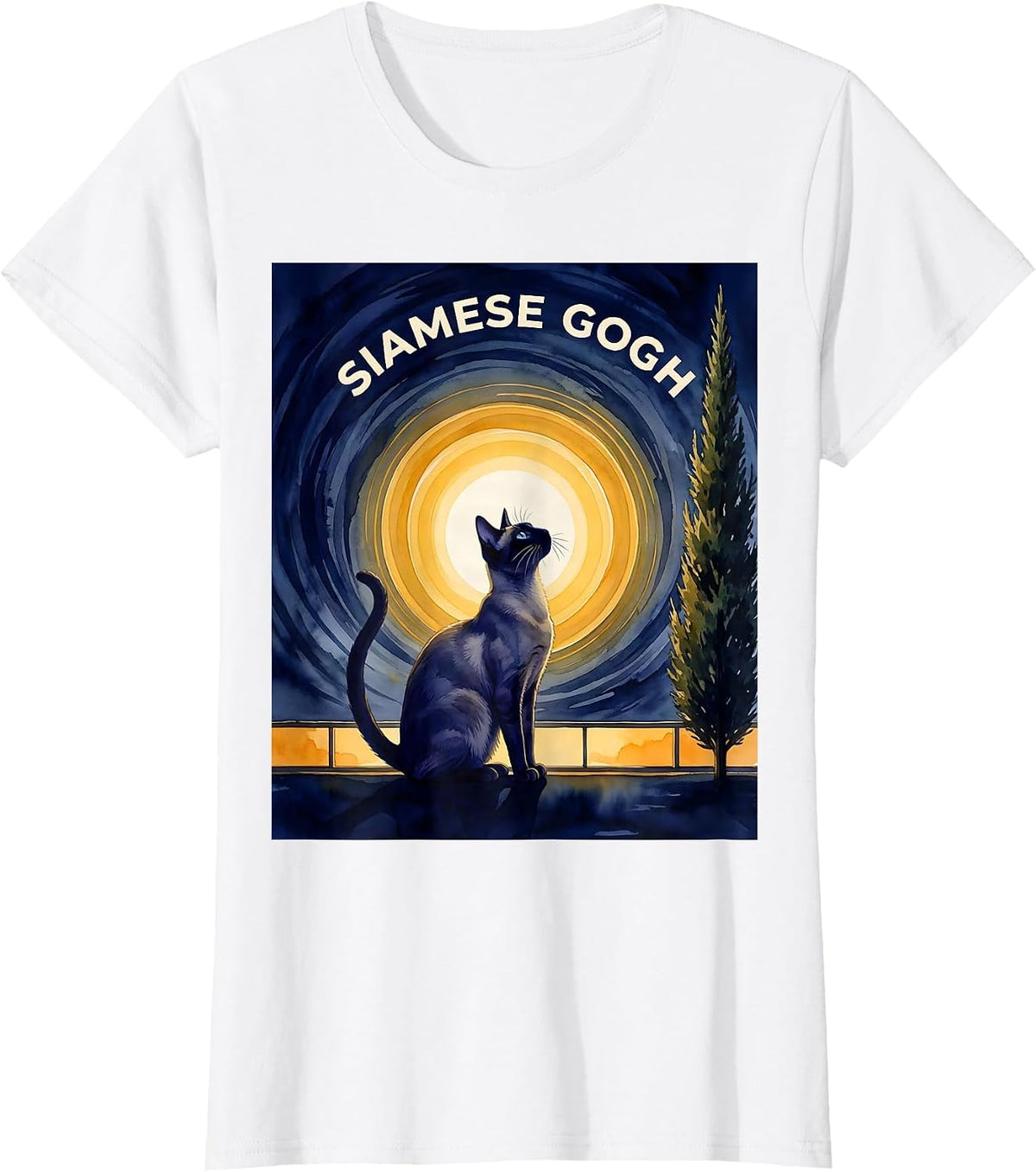 Women's Siamese Gogh Watercolor Cat Lover Van Gogh Art Parody T-Shirt - White