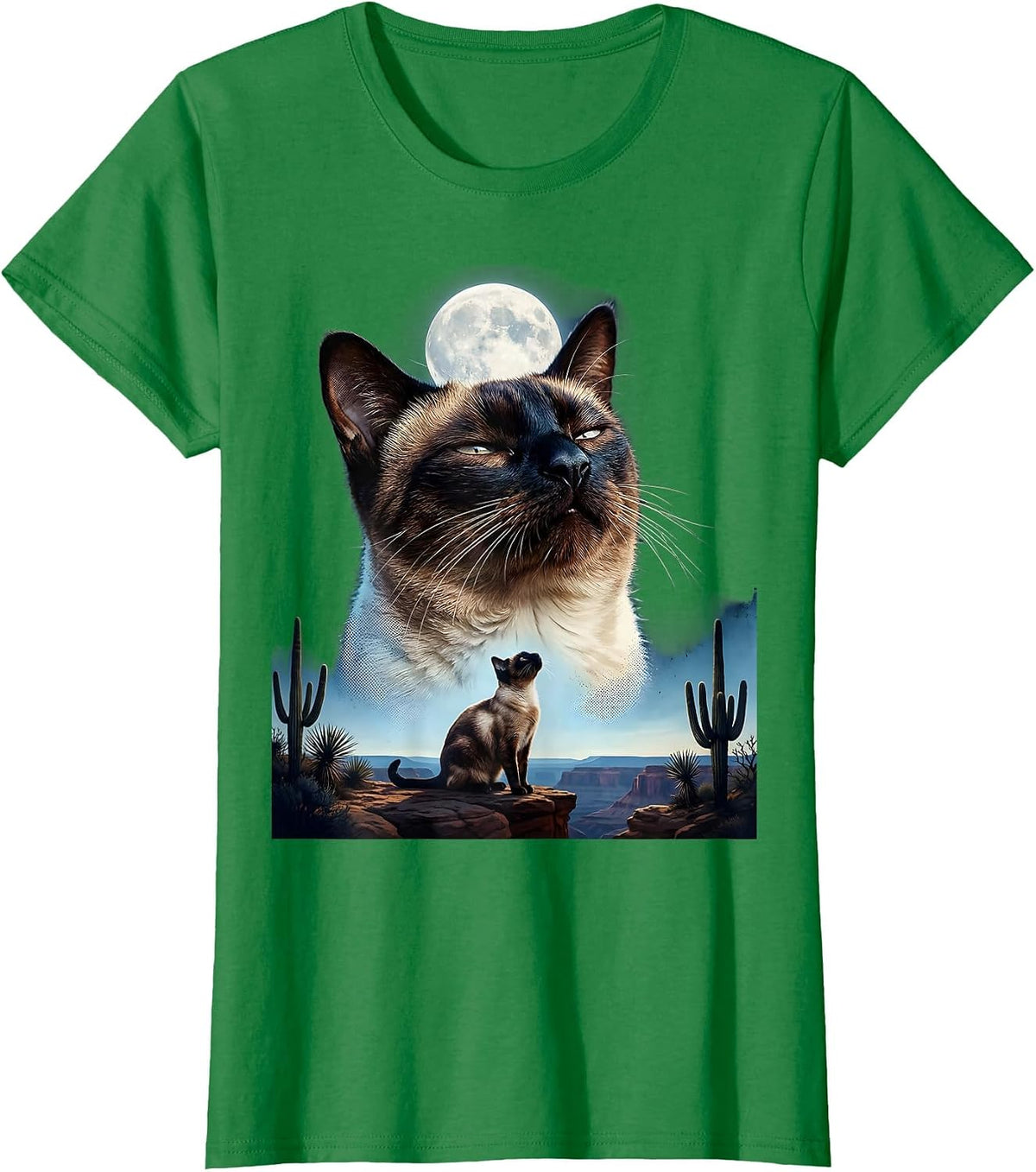 Women's Siamese Cat Howling at Moon 90's Retro T-Shirt - Kelly Green