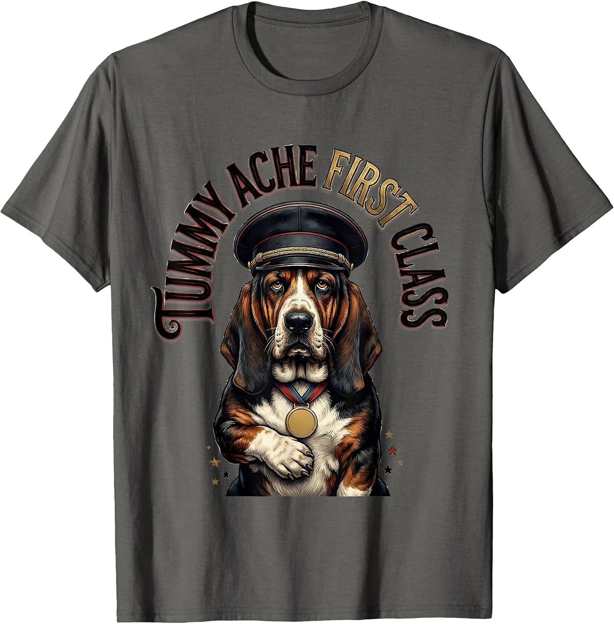 Tummy Ache First Class Funny Basset Hound Pet Humor Novelty T-Shirt - Asphalt Grey