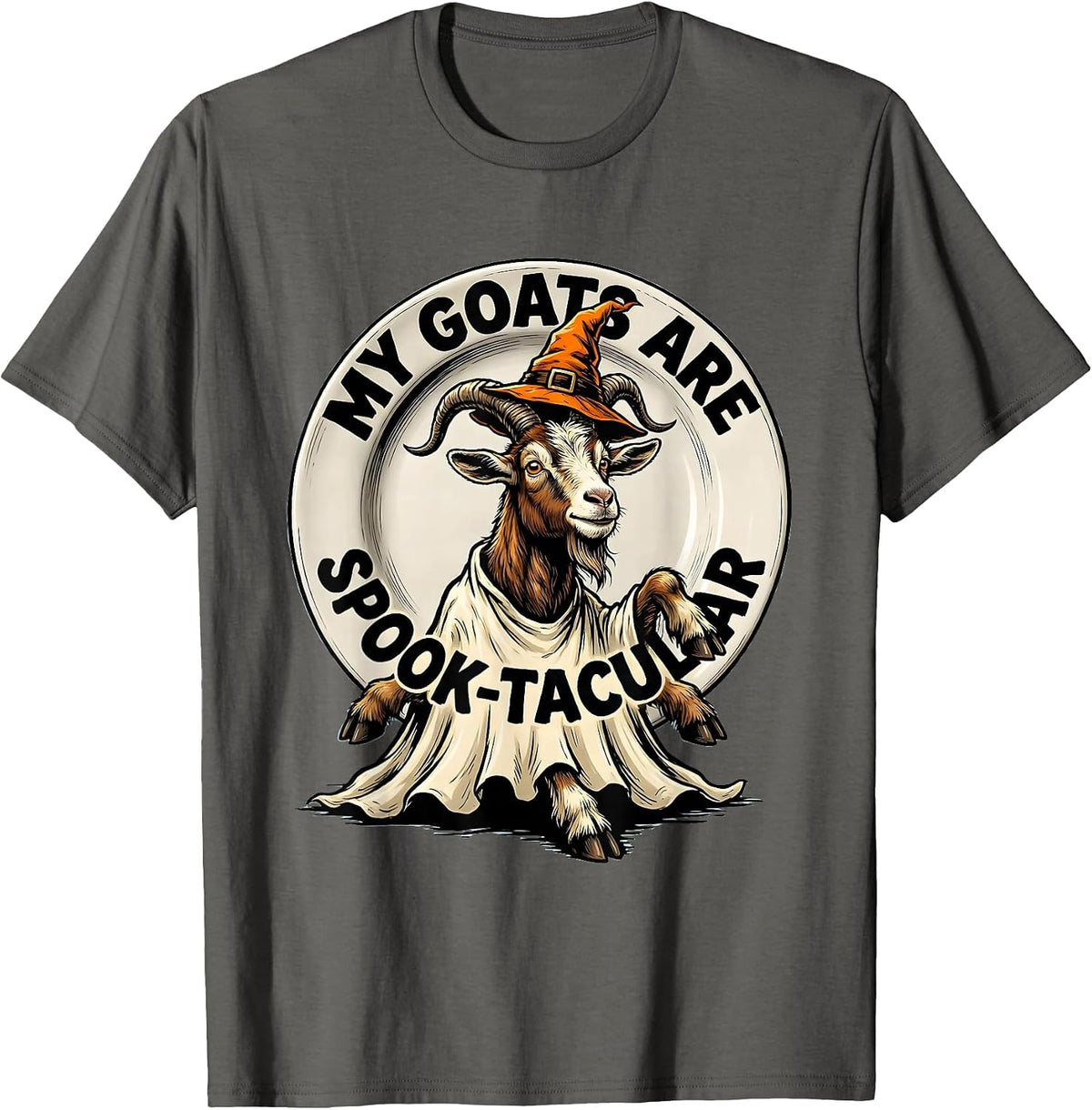 My Goats Are Spook-tacular Cartoon Goat Ghost Halloween T-Shirt - Asphalt Grey