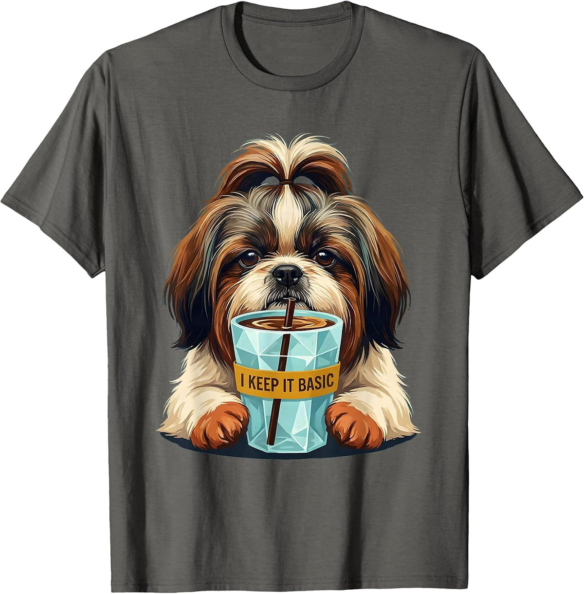I Keep It Basic Funny Shih Tzu Dog Lover Iced Coffee Humor T-Shirt - Asphalt Grey