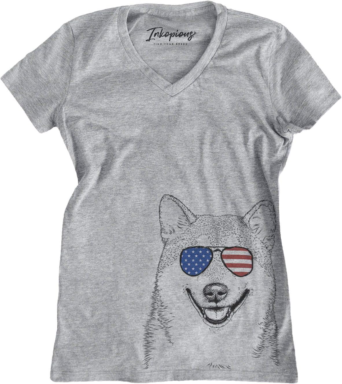 Inkopious Patriotic Mitsu the Shiba Inu Dog Triblend T-Shirt - Grey Modern V-neck