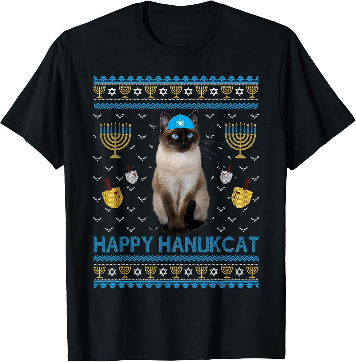 Cute Happy Hanukcat Jewish Siamese Cat Ugly Hanukkah Sweater T-Shirt - Black